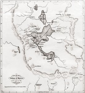 Kaart van de Vallei van Mexico ten tijde van de verovering, uit Geschiedenis van de Verovering van Mexico, gepubliceerd in 1850